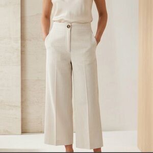 Ann Taylor Curvy Fit Linen Blend Pinstripe Wide Leg Pants Tan White Sz 10 Modern